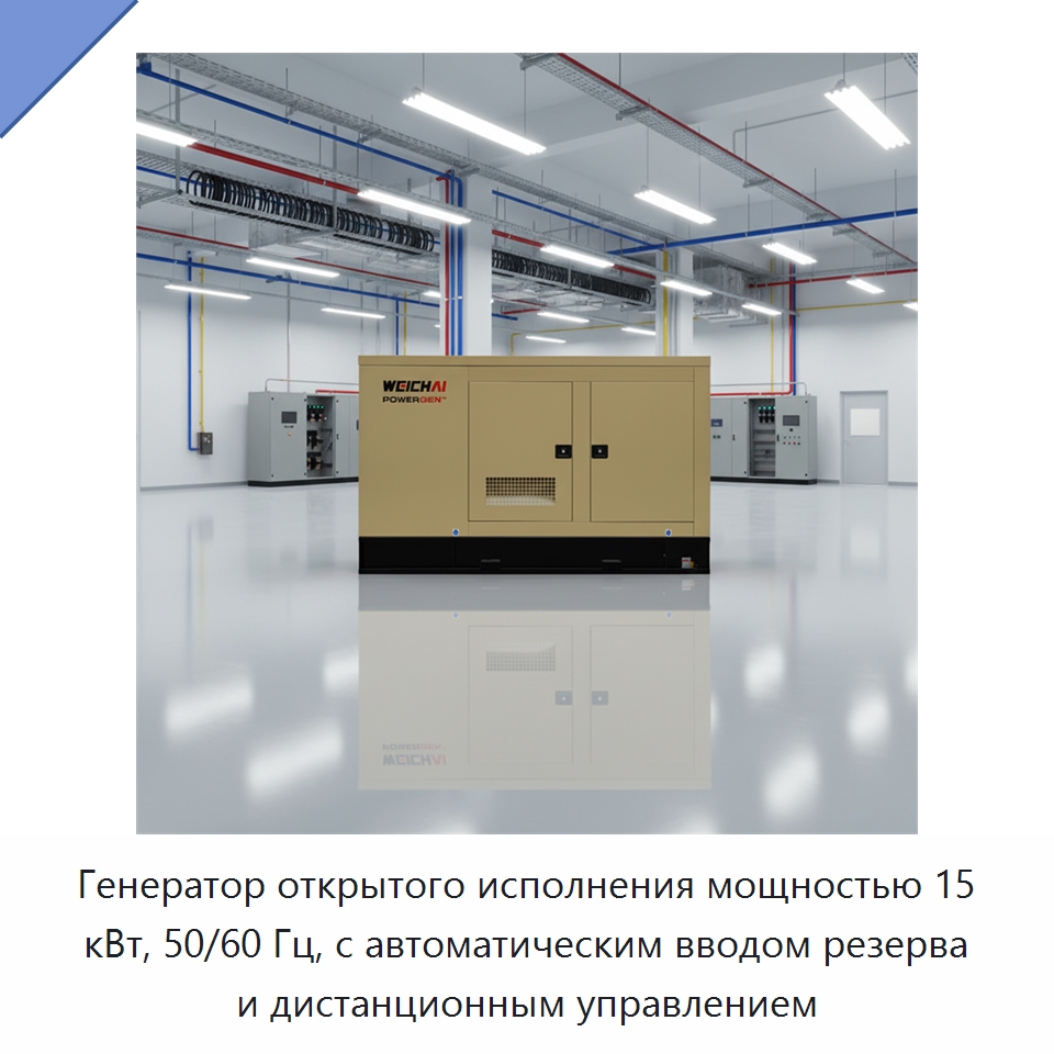 Генератор открытого исполнения мощностью 15 кВт, 50/60 Гц, с автоматическим вводом резерва и дистанционным управлением — Дизельные генераторы