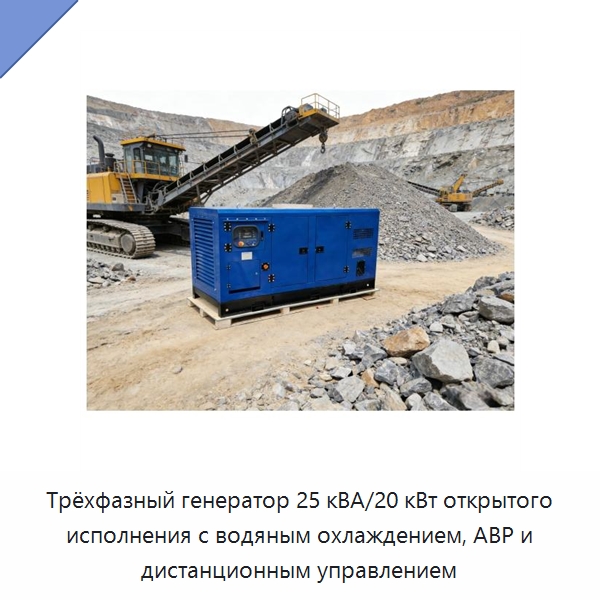 Трёхфазный генератор 25 кВА/20 кВт открытого исполнения с водяным охлаждением, АВР и дистанционным управлением — Дизельные генераторы