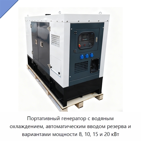 Портативный генератор с водяным охлаждением, автоматическим вводом резерва и вариантами мощности 8, 10, 15 и 20 кВт