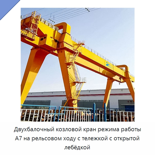 Двухбалочный козловой кран режима работы A7 на рельсовом ходу с тележкой с открытой лебёдкой — Краны