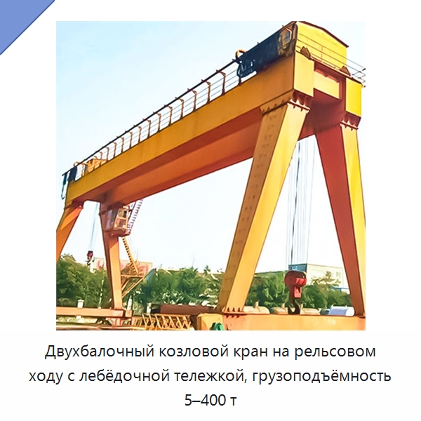 Двухбалочный козловой кран на рельсовом ходу с лебёдочной тележкой, грузоподъёмность 5–400 т — Краны