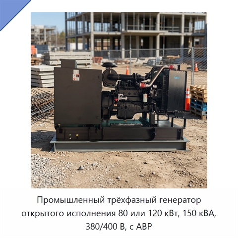 Промышленный трёхфазный генератор открытого исполнения 80 или 120 кВт, 150 кВА, 380/400 В, с АВР