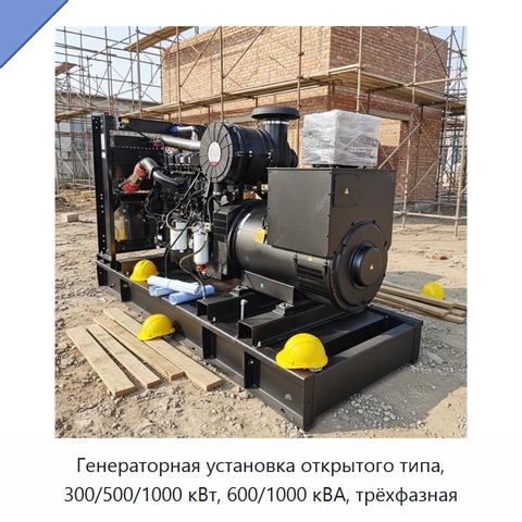 Генераторная установка открытого типа, 300/500/1000 кВт, 600/1000 кВА, трёхфазная