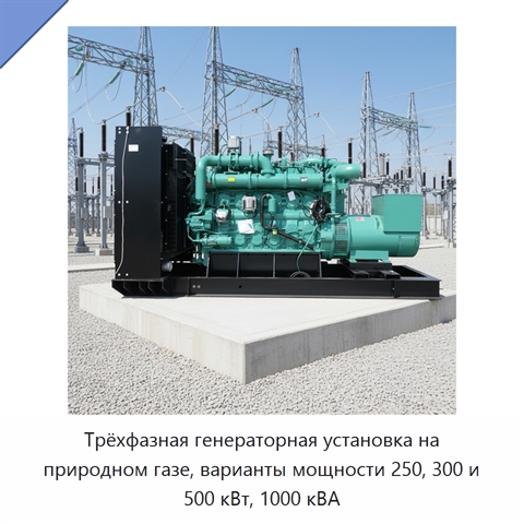 Трёхфазная генераторная установка на природном газе, варианты мощности 250, 300 и 500 кВт, 1000 кВА