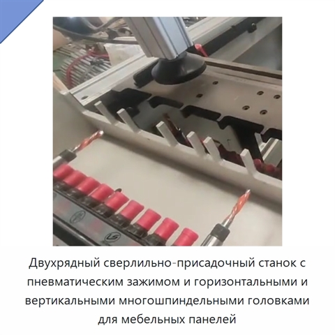Двухрядный сверлильно-присадочный станок с пневматическим зажимом и горизонтальными и вертикальными многошпиндельными головками для мебельных панелей