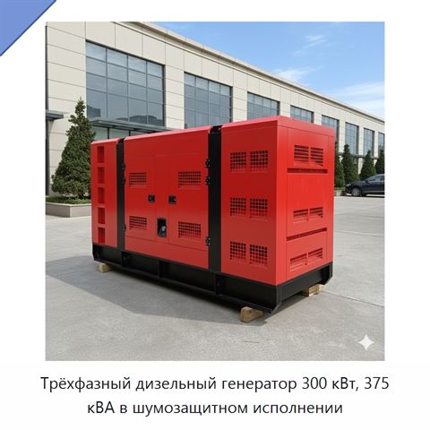 Трёхфазный дизельный генератор 300 кВт, 375 кВА в шумозащитном исполнении