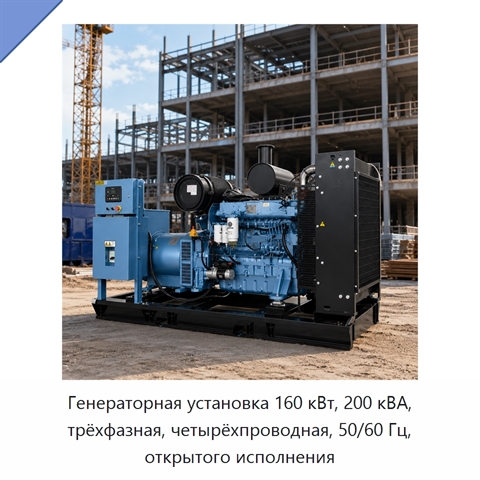 Генераторная установка 160 кВт, 200 кВА, трёхфазная, четырёхпроводная, 50/60 Гц, открытого исполнения