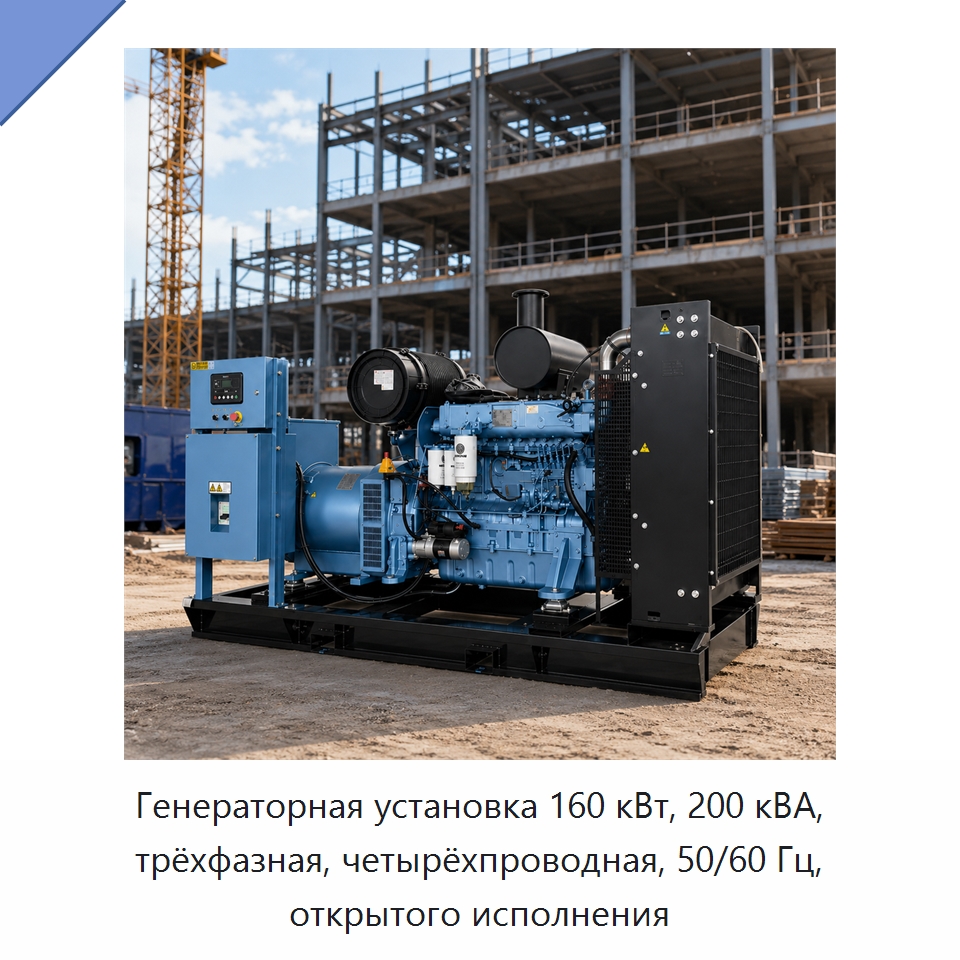 Генераторная установка 160 кВт, 200 кВА, трёхфазная, четырёхпроводная, 50/60 Гц, открытого исполнения — Дизельные генераторы