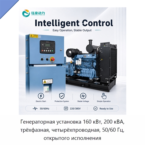 Генераторная установка 160 кВт, 200 кВА, трёхфазная, четырёхпроводная, 50/60 Гц, открытого исполнения