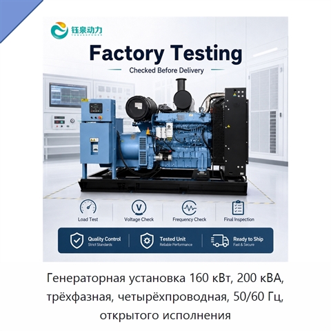 Генераторная установка 160 кВт, 200 кВА, трёхфазная, четырёхпроводная, 50/60 Гц, открытого исполнения