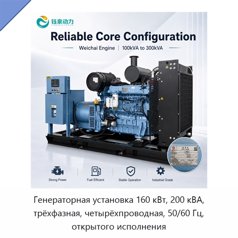 Генераторная установка 160 кВт, 200 кВА, трёхфазная, четырёхпроводная, 50/60 Гц, открытого исполнения