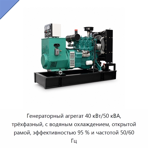 Генераторный агрегат 40 кВт/50 кВА, трёхфазный, с водяным охлаждением, открытой рамой, эффективностью 95 % и частотой 50/60 Гц