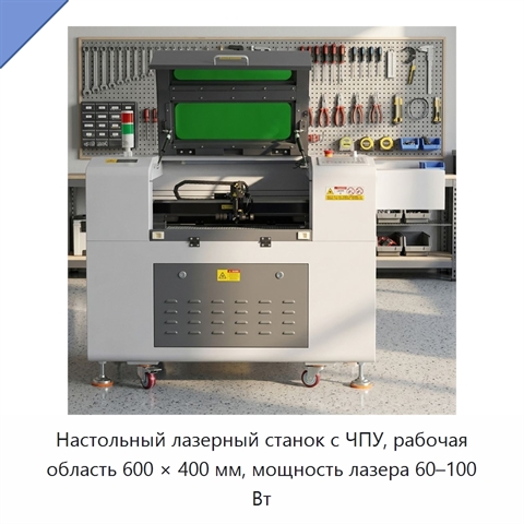Настольный лазерный станок с ЧПУ, рабочая область 600 × 400 мм, мощность лазера 60–100 Вт
