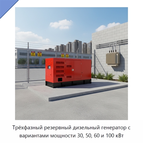 Трёхфазный резервный дизельный генератор с вариантами мощности 30, 50, 60 и 100 кВт