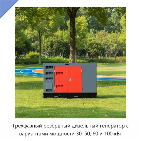 Трёхфазный резервный дизельный генератор с вариантами мощности 30, 50, 60 и 100 кВт