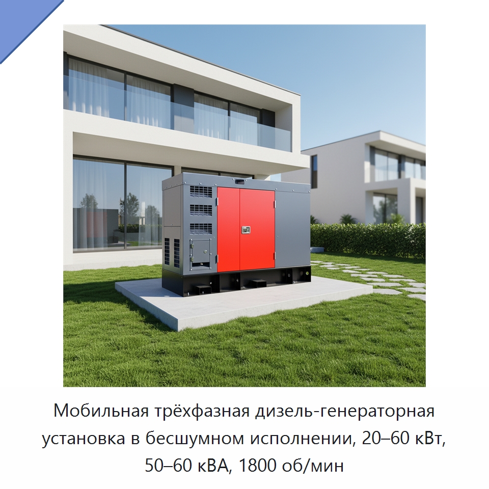 Мобильная трёхфазная дизель-генераторная установка в бесшумном исполнении, 20–60 кВт, 50–60 кВА, 1800 об/мин — Дизельные генераторы