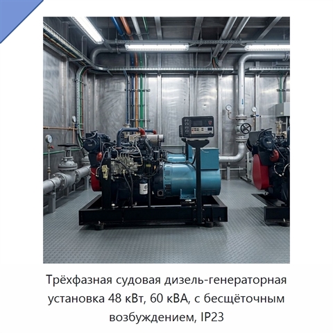 Трёхфазная судовая дизель-генераторная установка 48 кВт, 60 кВА, с бесщёточным возбуждением, IP23