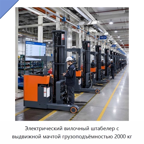 Электрический вилочный штабелер с выдвижной мачтой грузоподъёмностью 2000 кг