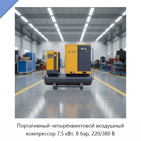 Портативный четырёхвинтовой воздушный компрессор 7,5 кВт, 8 бар, 220/380 В