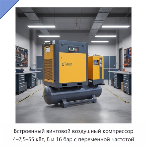 Встроенный винтовой воздушный компрессор 4–7,5–55 кВт, 8 и 16 бар с переменной частотой
