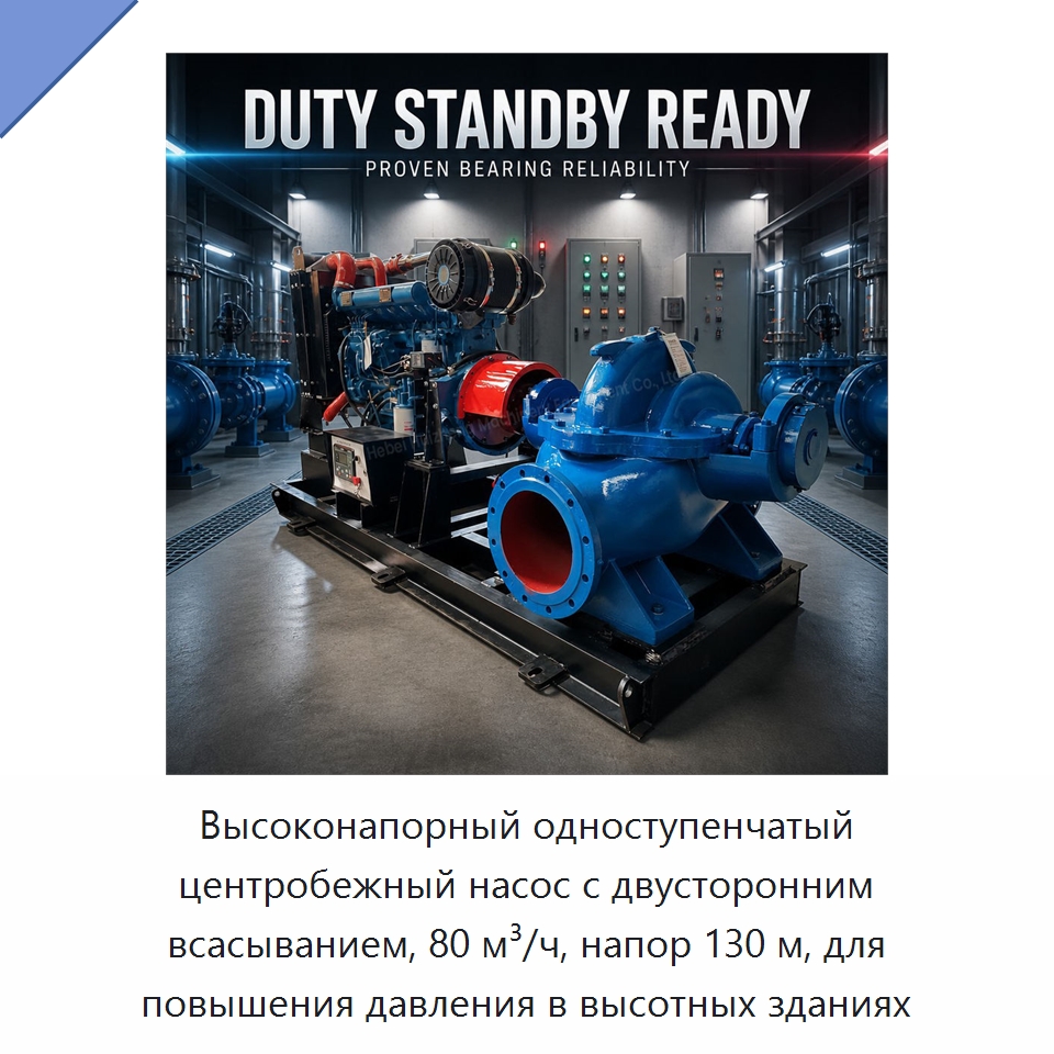 Высоконапорный одноступенчатый центробежный насос с двусторонним всасыванием, 80 м³/ч, напор 130 м, для повышения давления в высотных зданиях
