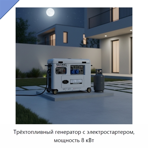 Трёхтопливный генератор с электростартером, мощность 8 кВт