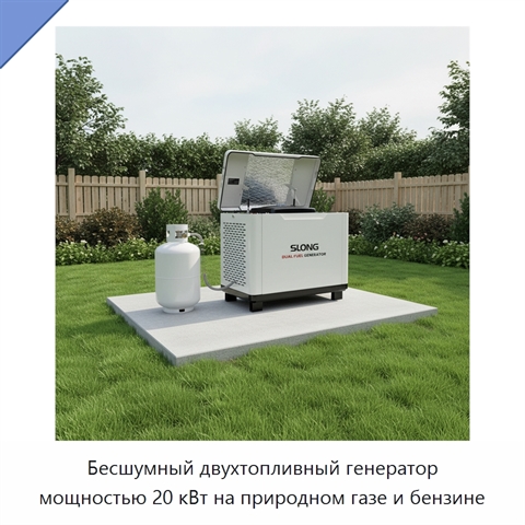 Бесшумный двухтопливный генератор мощностью 20 кВт на природном газе и бензине