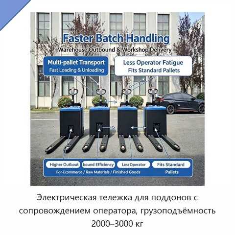 Электрическая тележка для поддонов с сопровождением оператора, грузоподъёмность 2000–3000 кг