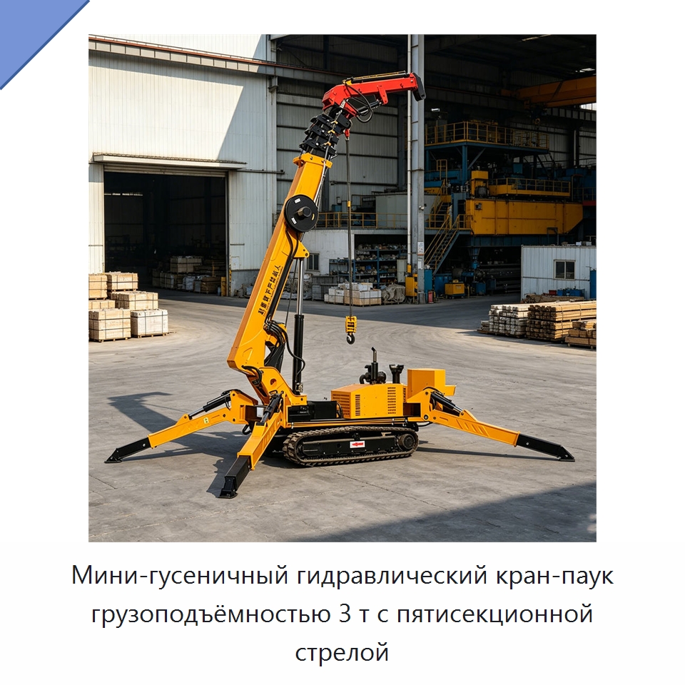 Мини-гусеничный гидравлический кран-паук грузоподъёмностью 3 т с пятисекционной стрелой — Краны