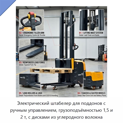 Электрический штабелер для поддонов с ручным управлением, грузоподъёмностью 1,5 и 2 т, с дисками из углеродного волокна