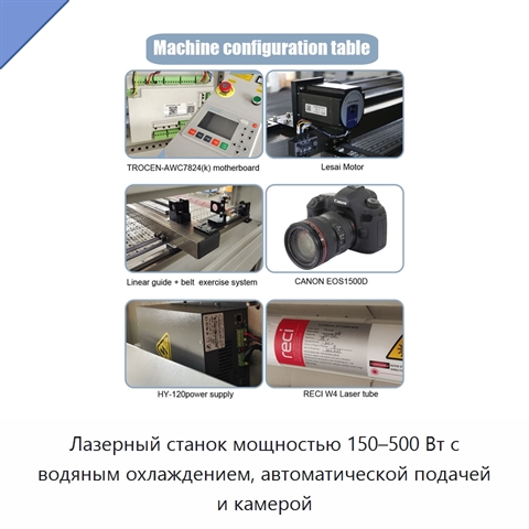 Лазерный станок мощностью 150–500 Вт с водяным охлаждением, автоматической подачей и камерой