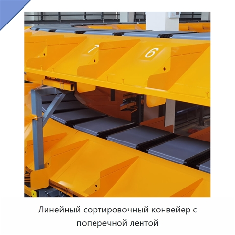 Линейный сортировочный конвейер с поперечной лентой