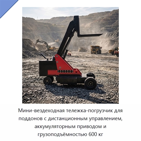 Мини-вездеходная тележка-погрузчик для поддонов с дистанционным управлением, аккумуляторным приводом и грузоподъёмностью 600 кг