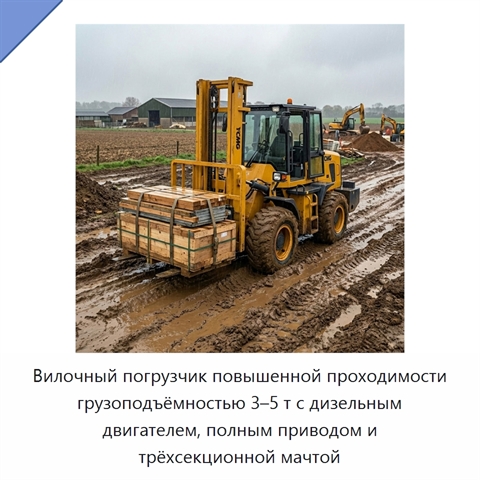 Вилочный погрузчик повышенной проходимости грузоподъёмностью 3–5 т с дизельным двигателем, полным приводом и трёхсекционной мачтой