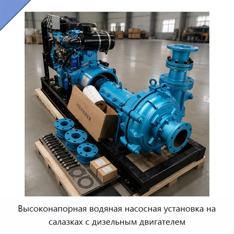 Высоконапорная водяная насосная установка на салазках с дизельным двигателем
