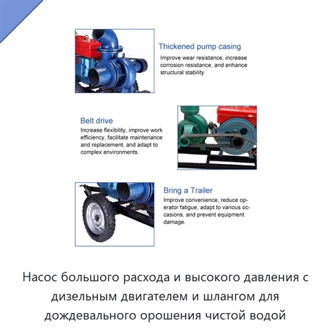 Насос большого расхода и высокого давления с дизельным двигателем и шлангом для дождевального орошения чистой водой