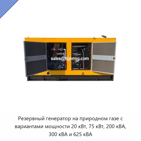 Резервный генератор на природном газе с вариантами мощности 20 кВт, 75 кВт, 200 кВА, 300 кВА и 625 кВА
