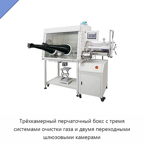 Трёхкамерный перчаточный бокс с тремя системами очистки газа и двумя переходными шлюзовыми камерами
