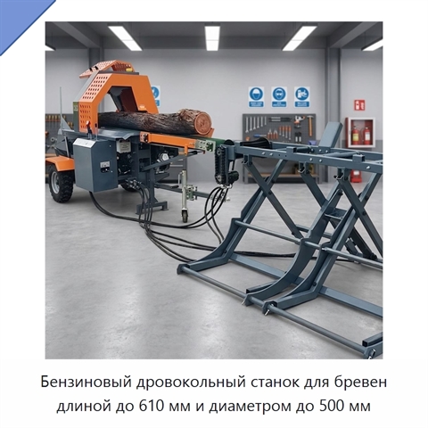 Бензиновый дровокольный станок для бревен длиной до 610 мм и диаметром до 500 мм