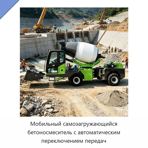 Мобильный самозагружающийся бетоносмеситель с автоматическим переключением передач