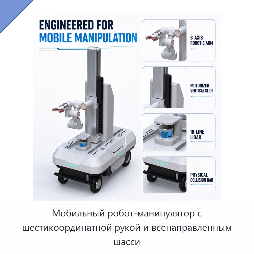 Мобильный робот-манипулятор с шестикоординатной рукой и всенаправленным шасси — Шарнирные роботы