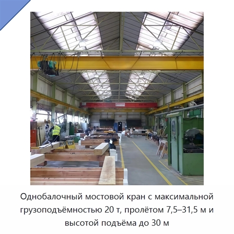 Однобалочный мостовой кран с максимальной грузоподъёмностью 20 т, пролётом 7,5–31,5 м и высотой подъёма до 30 м