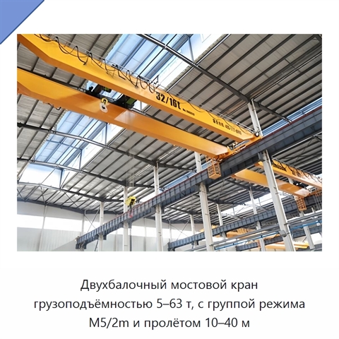 Двухбалочный мостовой кран грузоподъёмностью 5–63 т, с группой режима M5/2m и пролётом 10–40 м