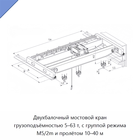 Двухбалочный мостовой кран грузоподъёмностью 5–63 т, с группой режима M5/2m и пролётом 10–40 м