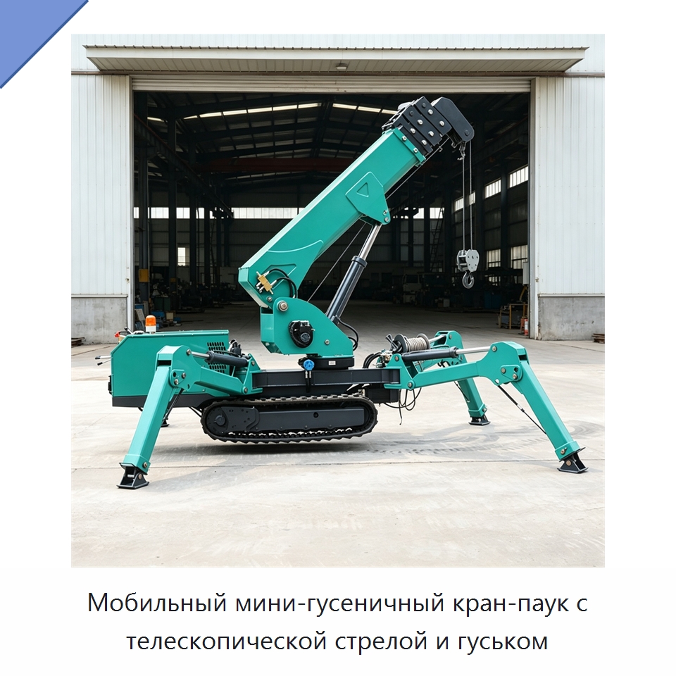 Мобильный мини-гусеничный кран-паук с телескопической стрелой и гуськом — Краны