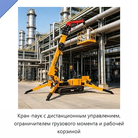 Кран-паук с дистанционным управлением, ограничителем грузового момента и рабочей корзиной