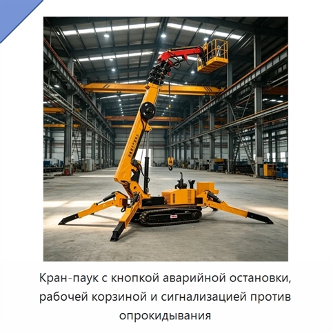 Кран-паук с кнопкой аварийной остановки, рабочей корзиной и сигнализацией против опрокидывания
