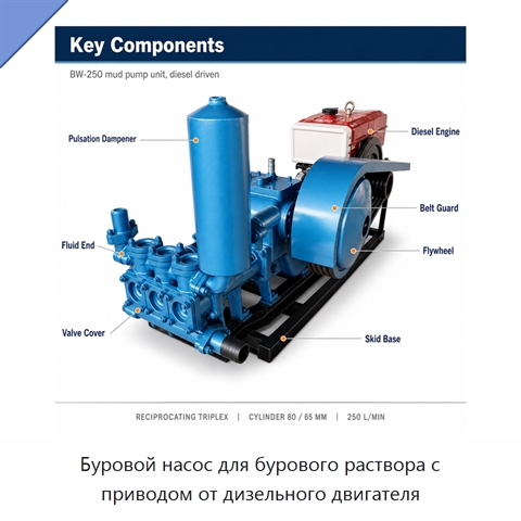 Буровой насос для бурового раствора с приводом от дизельного двигателя